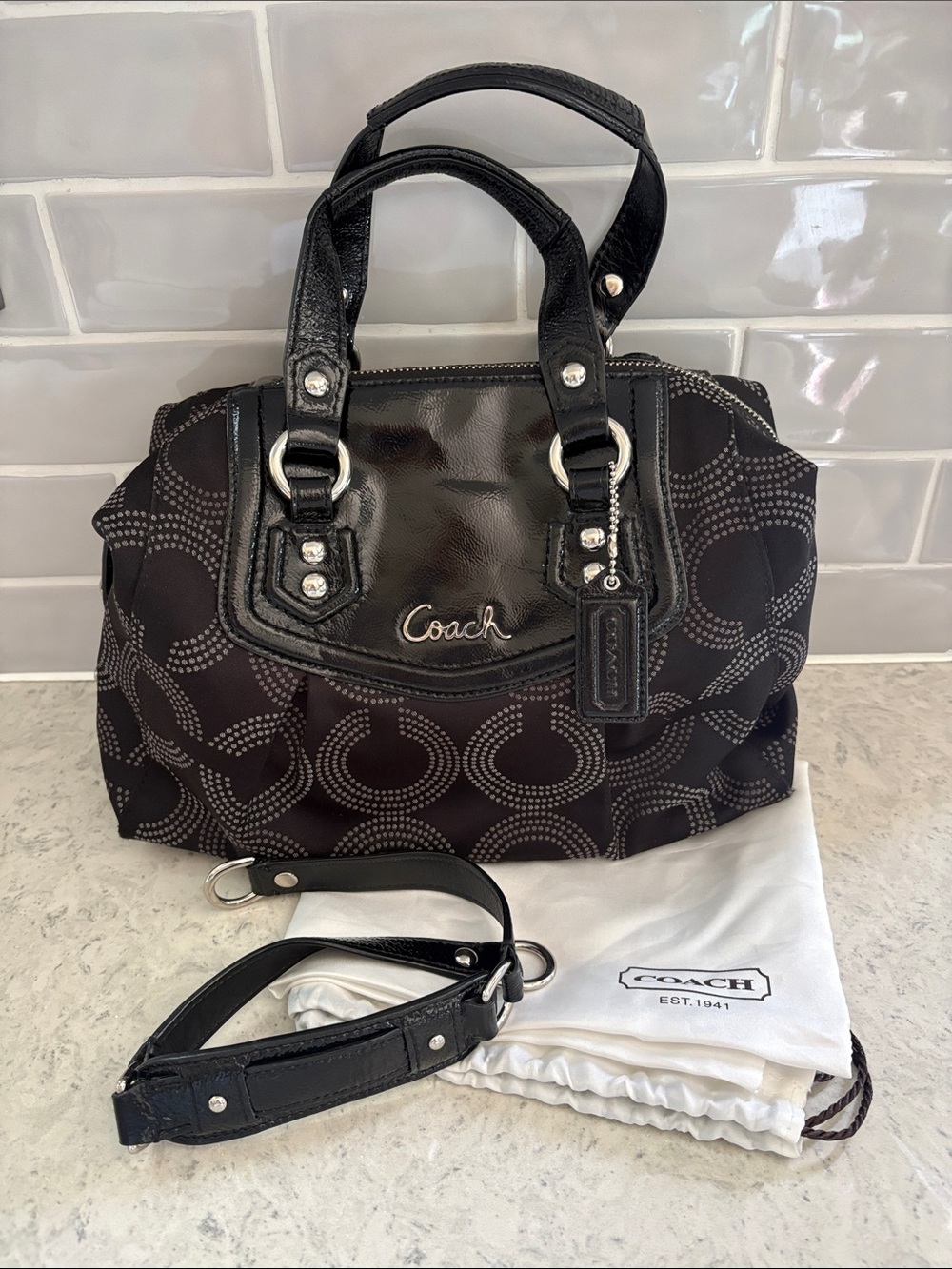 Coach Ashley Dotted OP Art Satchel Bag Purse F20027 Black